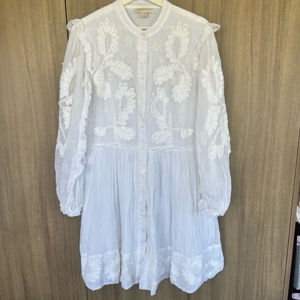 White Embroidered Button-Down Dress